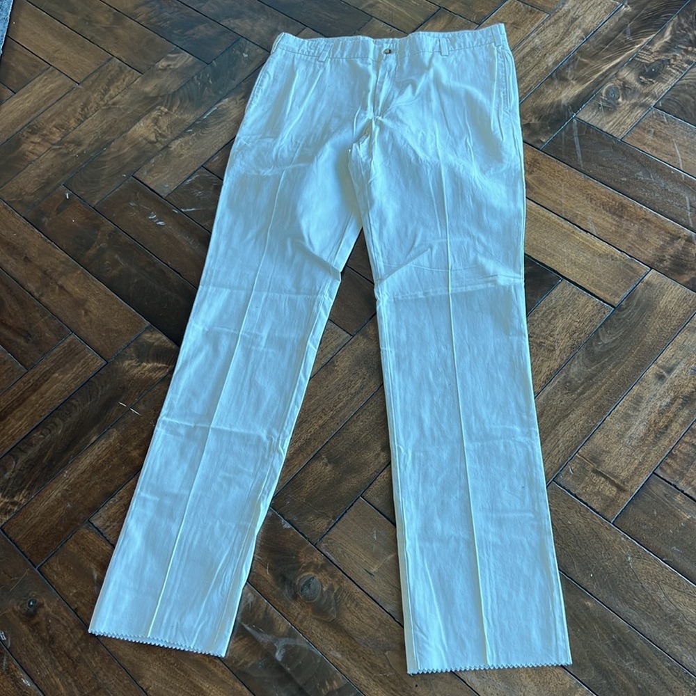 Frank’s pants made in USA 100% cotton plain front trim fit stone color trouser